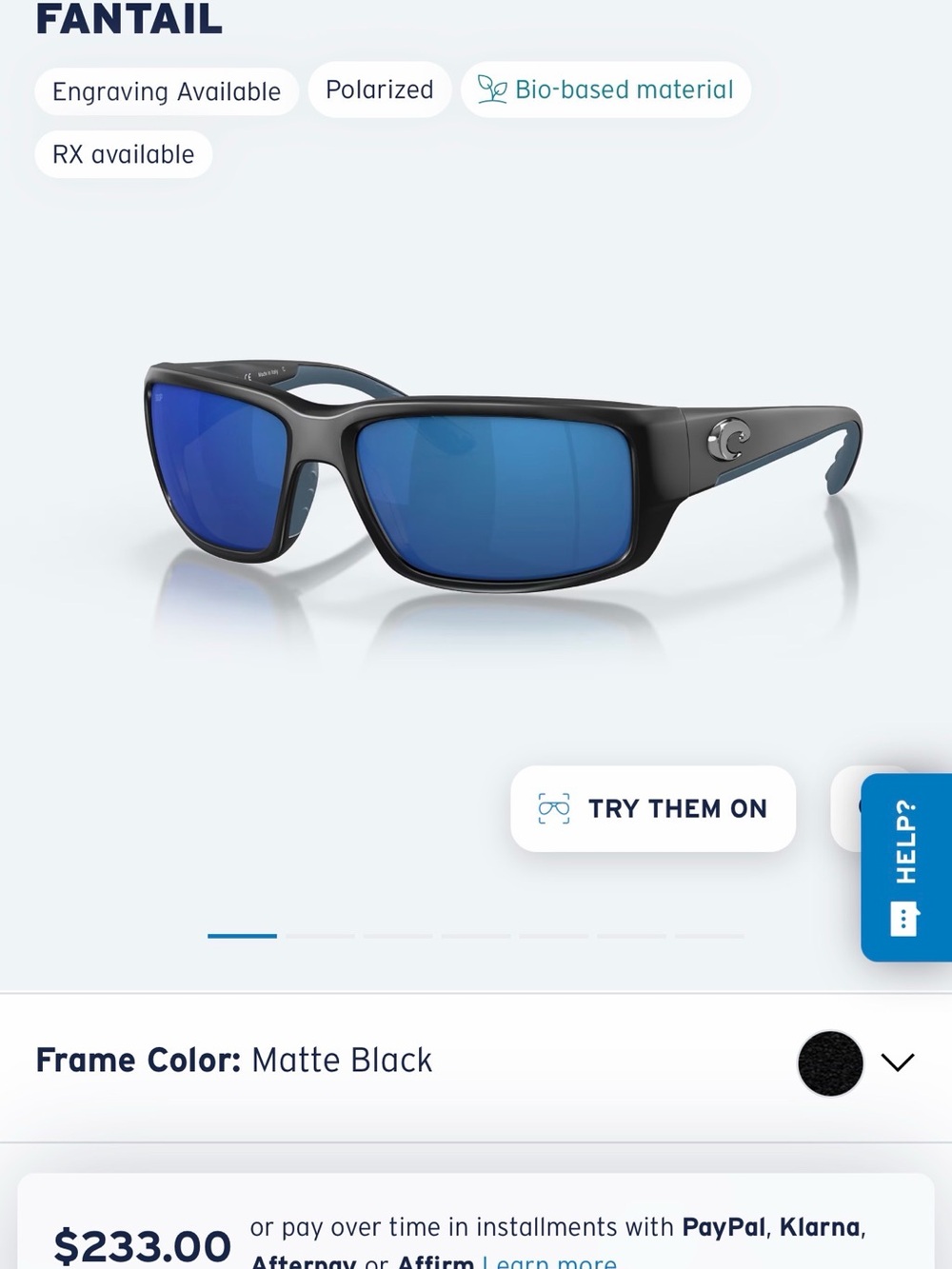 Costa Fantail Sunglasses - Matte Black w/ Blue Mirror Lenses 100% UV Protection